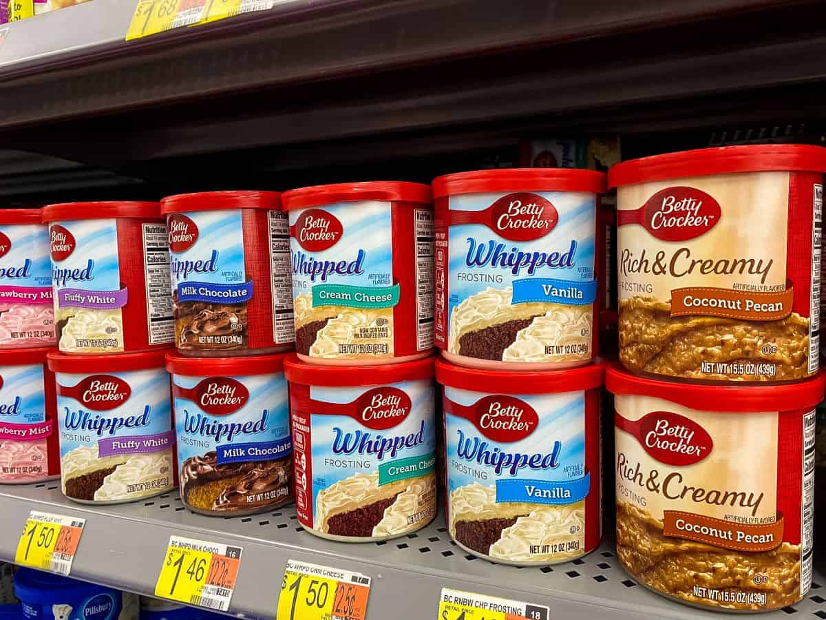 Betty Crocker frosting on supermarket shelf.