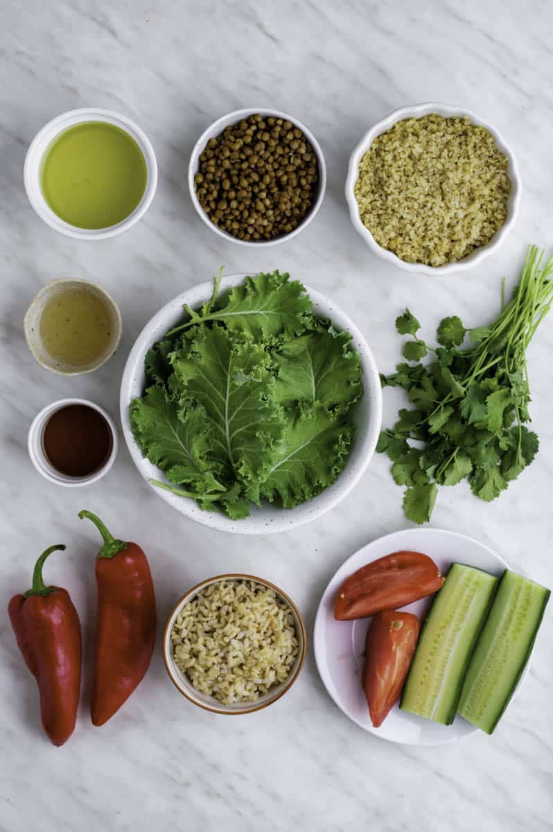 Gathered ingredients for making copycat Costco quinoa salad.