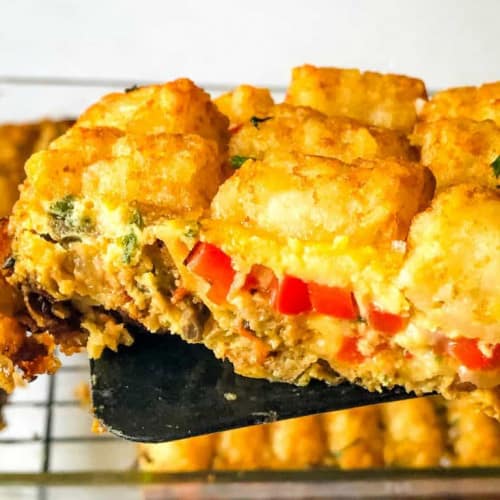 Tater Tot Breakfast Casserole in a dish.