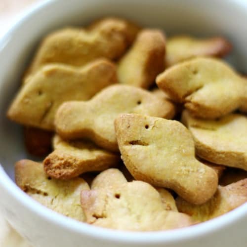 Homemade Gluten Free Goldfish in a bowl.