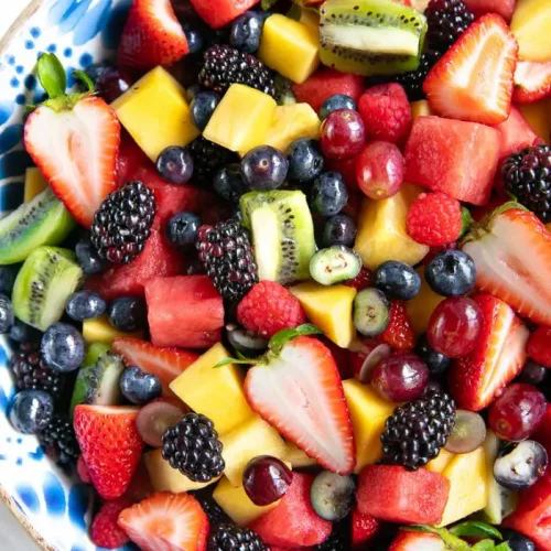 Fruit salad in a dish.