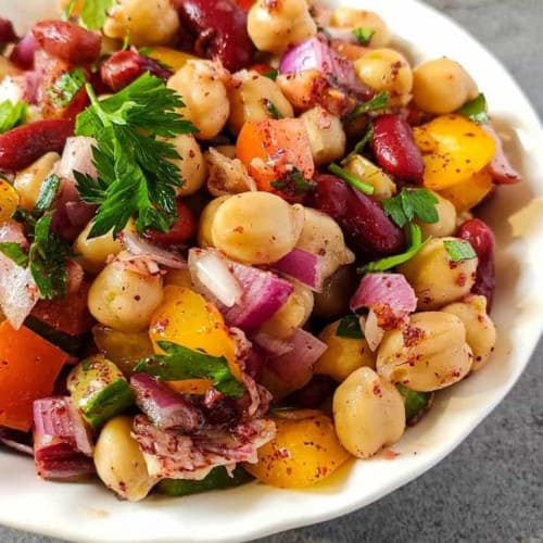 Mixed Bean Salad in a white bowl.