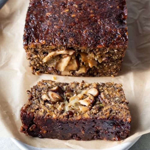 Lentil Beyond Meat Loaf with Shiitake Stuffing on a plate.