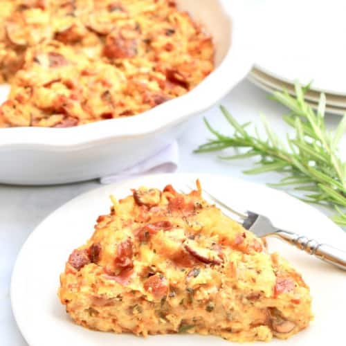 Pretzel Roll Strata on a white plate.