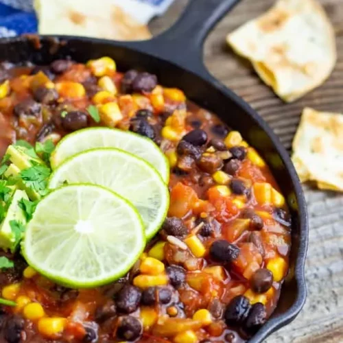 Black bean chili in a pan.