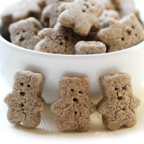 Homemade Teddy Grahams in a bowl and in front of bowl.