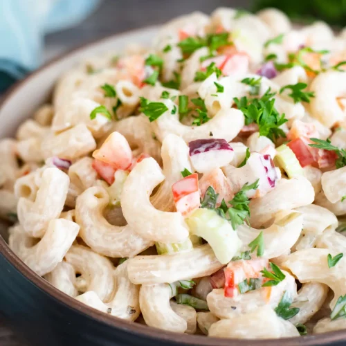 Gluten free macaroni salad in a bowl.