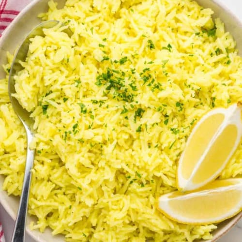 Lemon rice in a bowl.