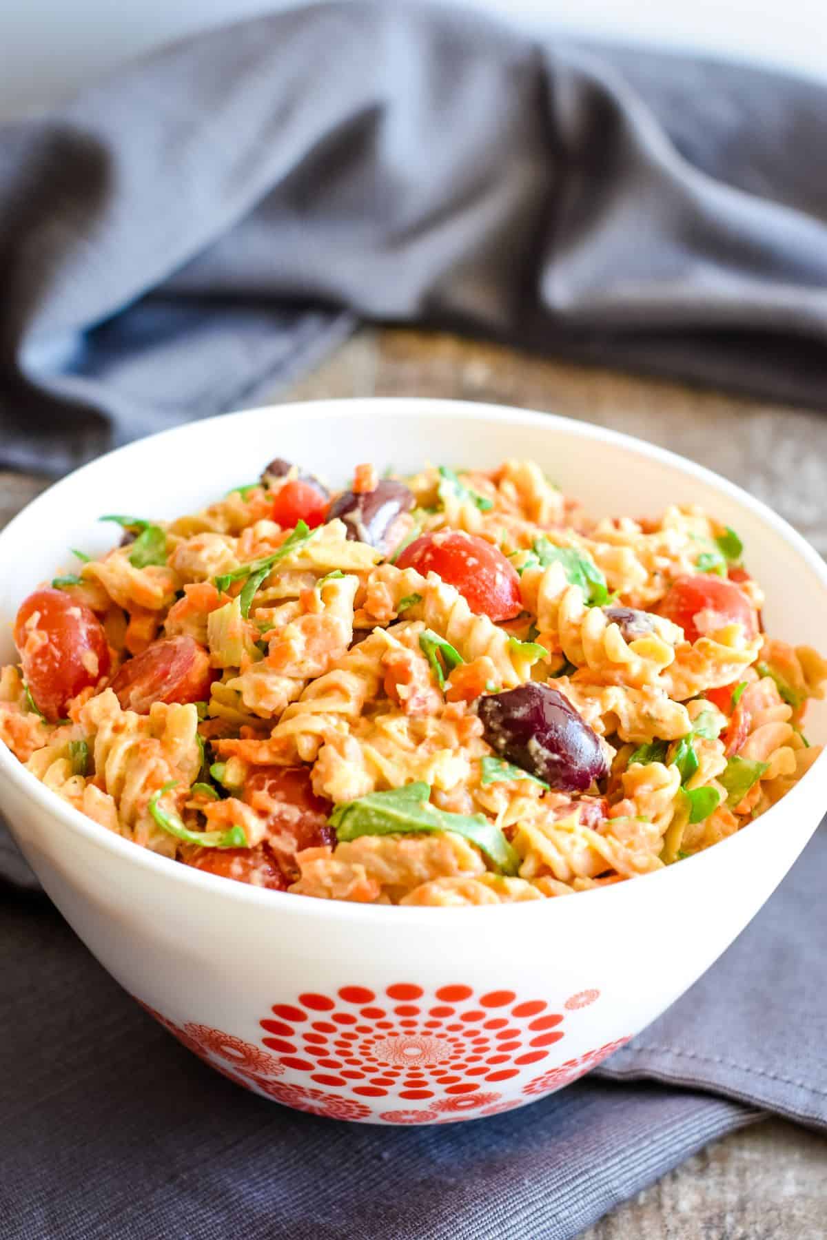 front view of bowl of pasta salad.