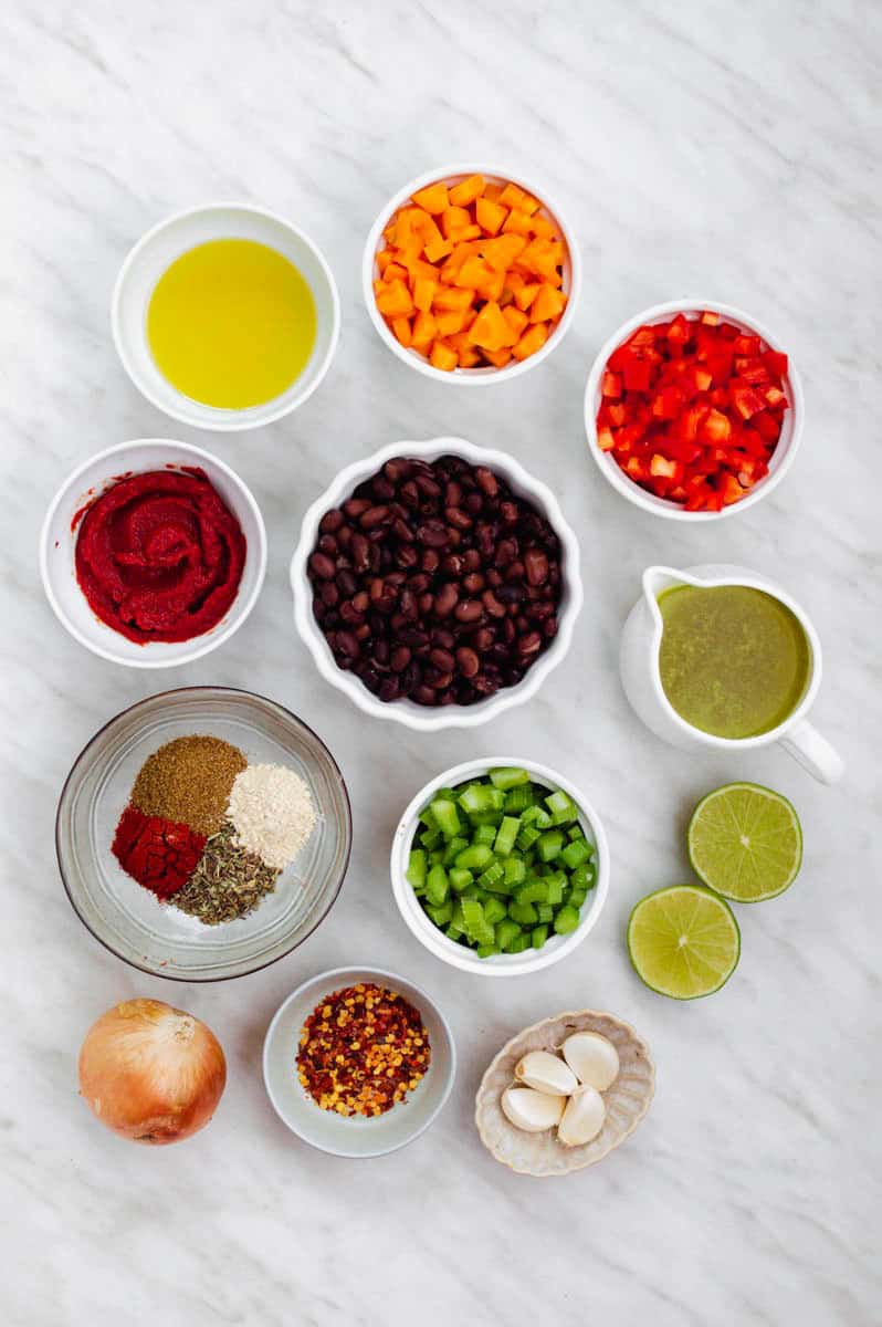 Gathered ingredients for making Panera bread black bean soup.