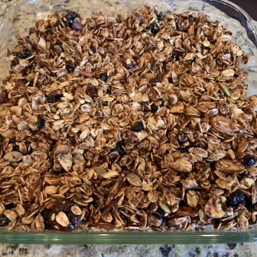 Homemade granola in a dish.