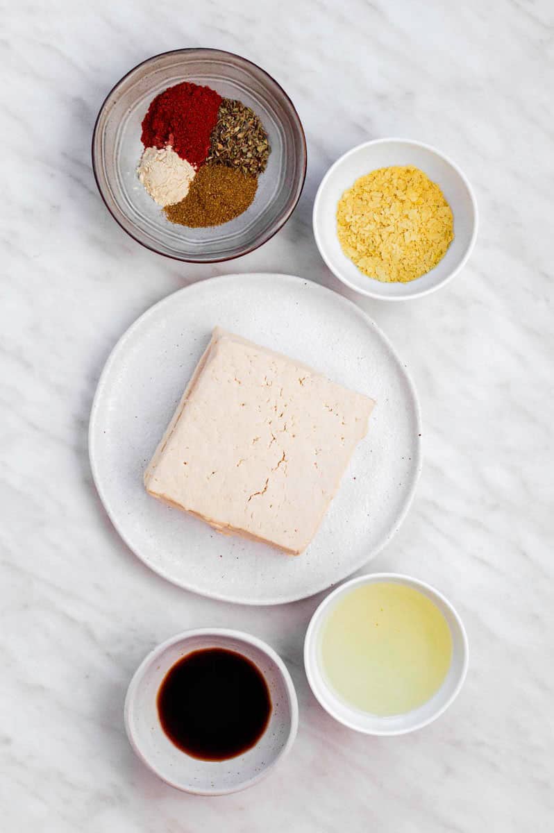 Gathered ingredients for making our tofu ground beef recipe.