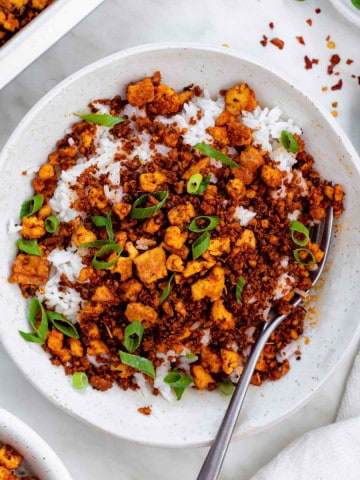 A white bowl filled with cooked white rice topped with tofu ground beef and chopped green onion.