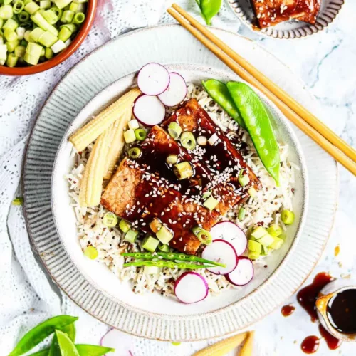 Teriyaki Tempeh in a bowl.