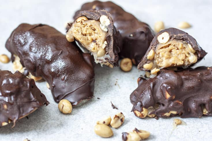 Vegan Baby Ruth Candy Bars open on a surface.