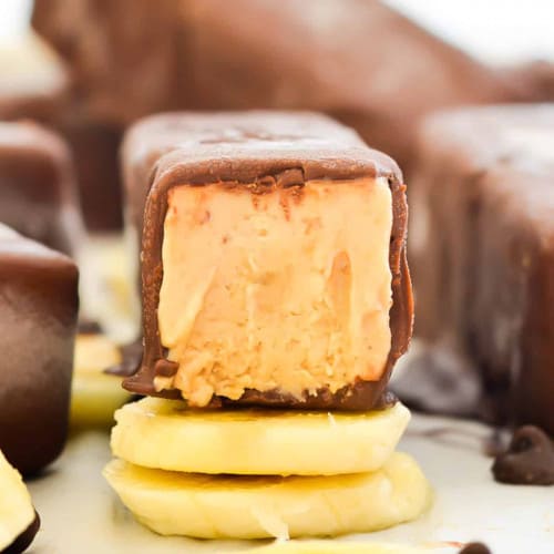 front view of inside an open vegan peanut butter banana ice cream bar.