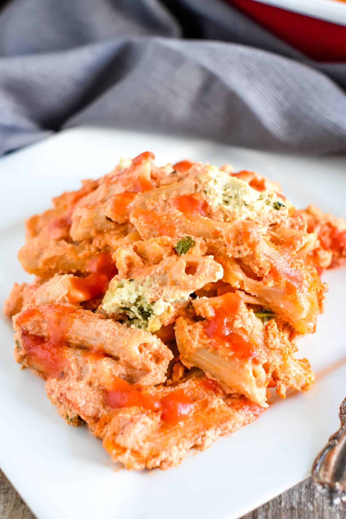 overhead of ziti on a white plate.