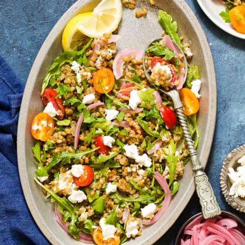 An oval platter on the table with grains, vegetables and lemon wedges.