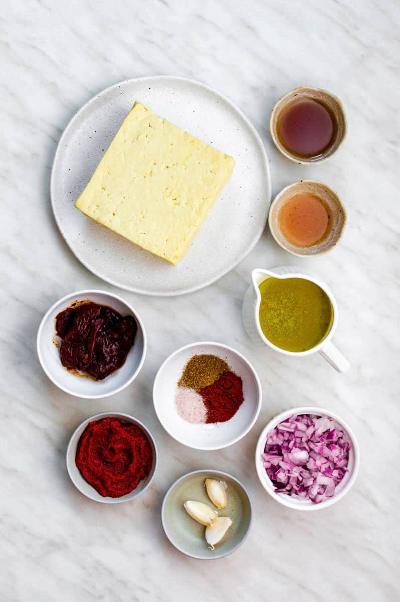 Gathered ingredients for making chipotle plant-based sofritas.