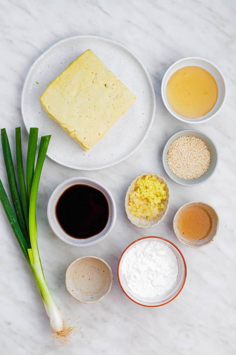 Gathered ingredients for making our honey garlic tofu recipe.