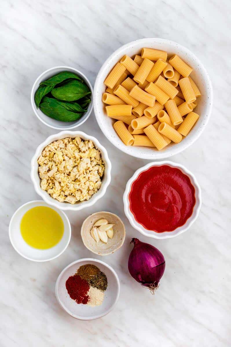 Gathered ingredients for our making tofu pasta recipe.