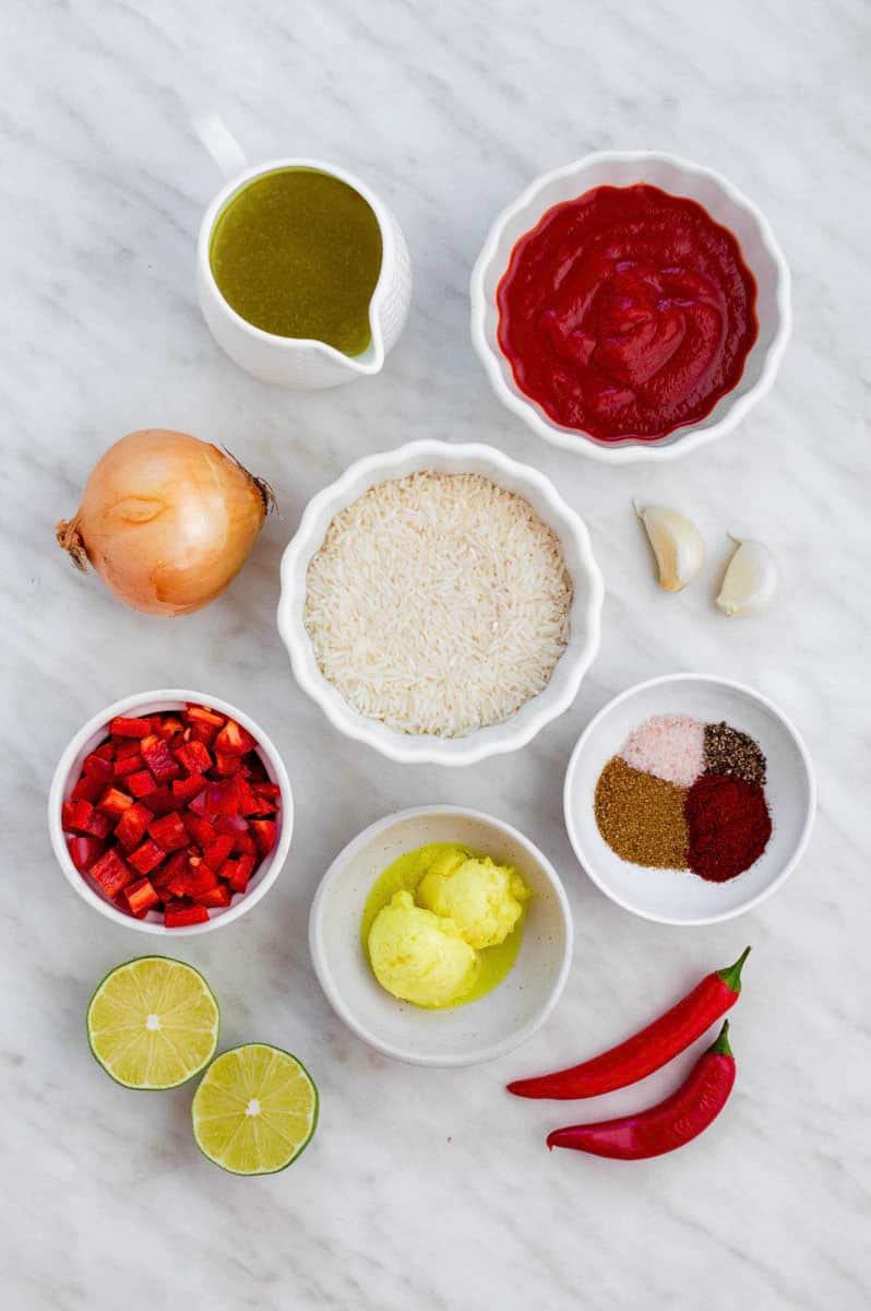 Gathered ingredients for making our vegan Mexican rice recipe.