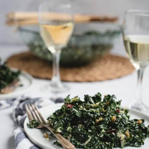 Lemon Kale Salad on a plate with a fork.