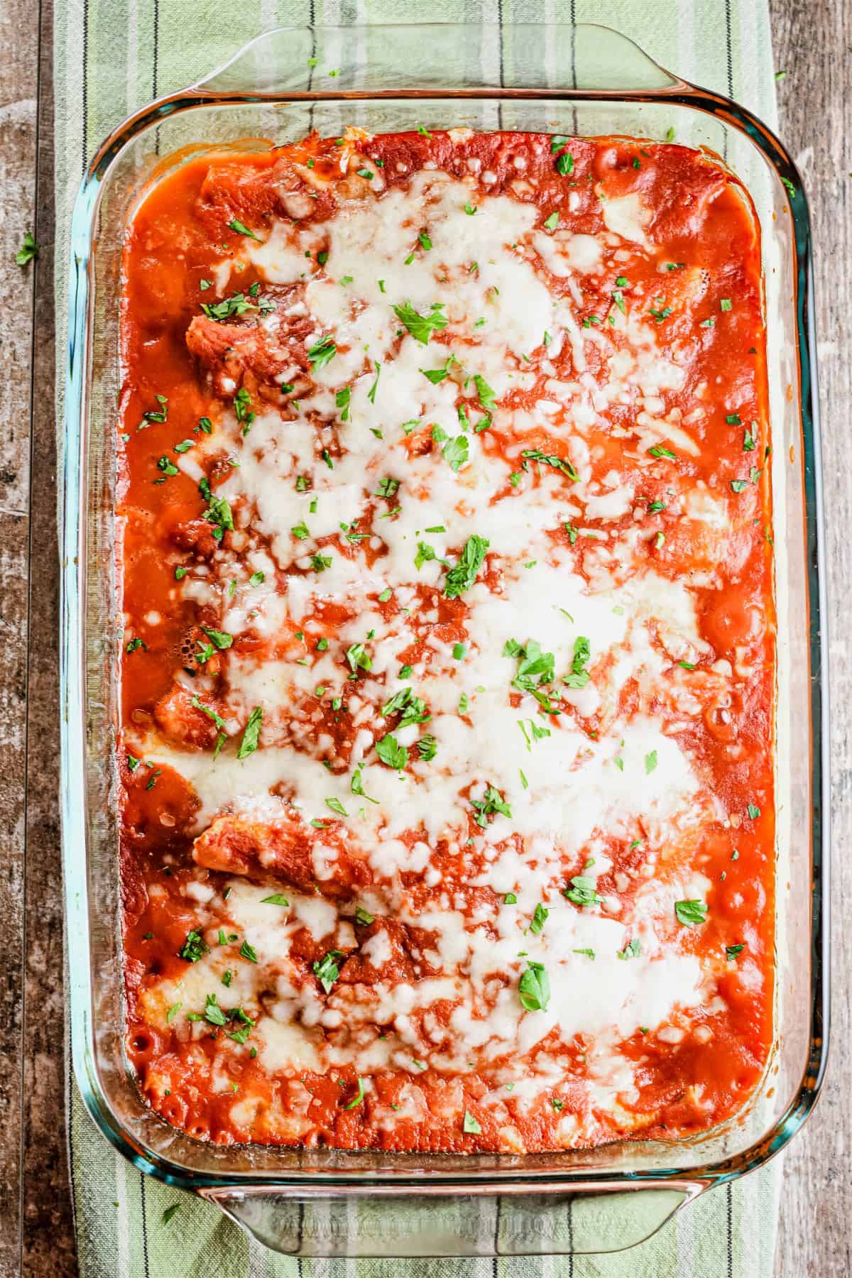 overhead of manicotti in casserole dish after baking.