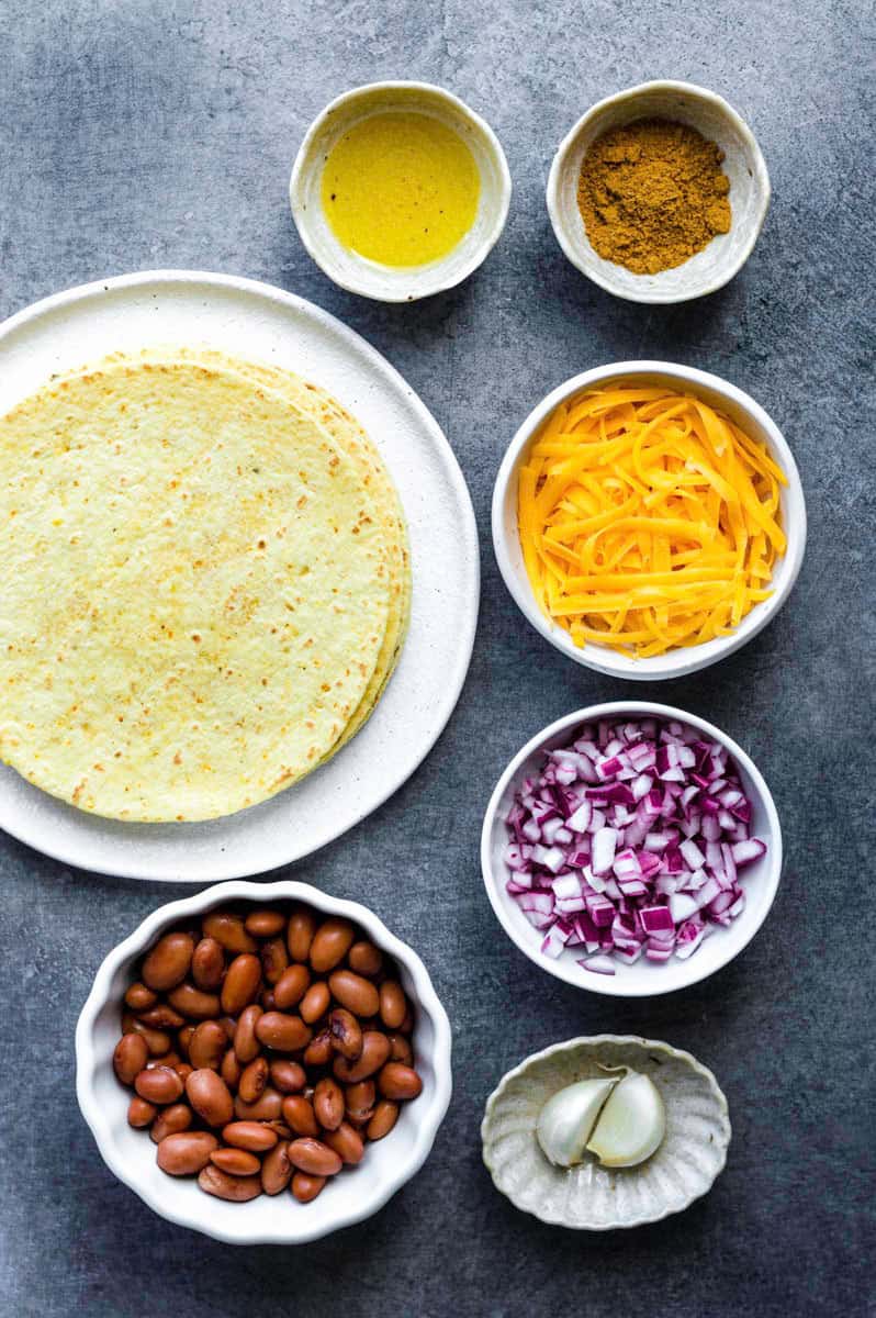 Gathered ingredients for making our air fryer quesadillas recipe.