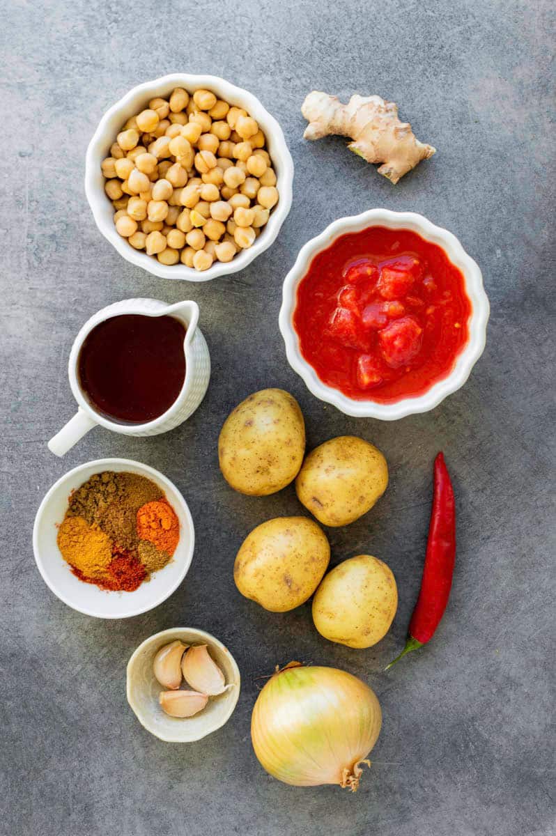 Gathered ingredients for making my chickpea and potato curry recipe.