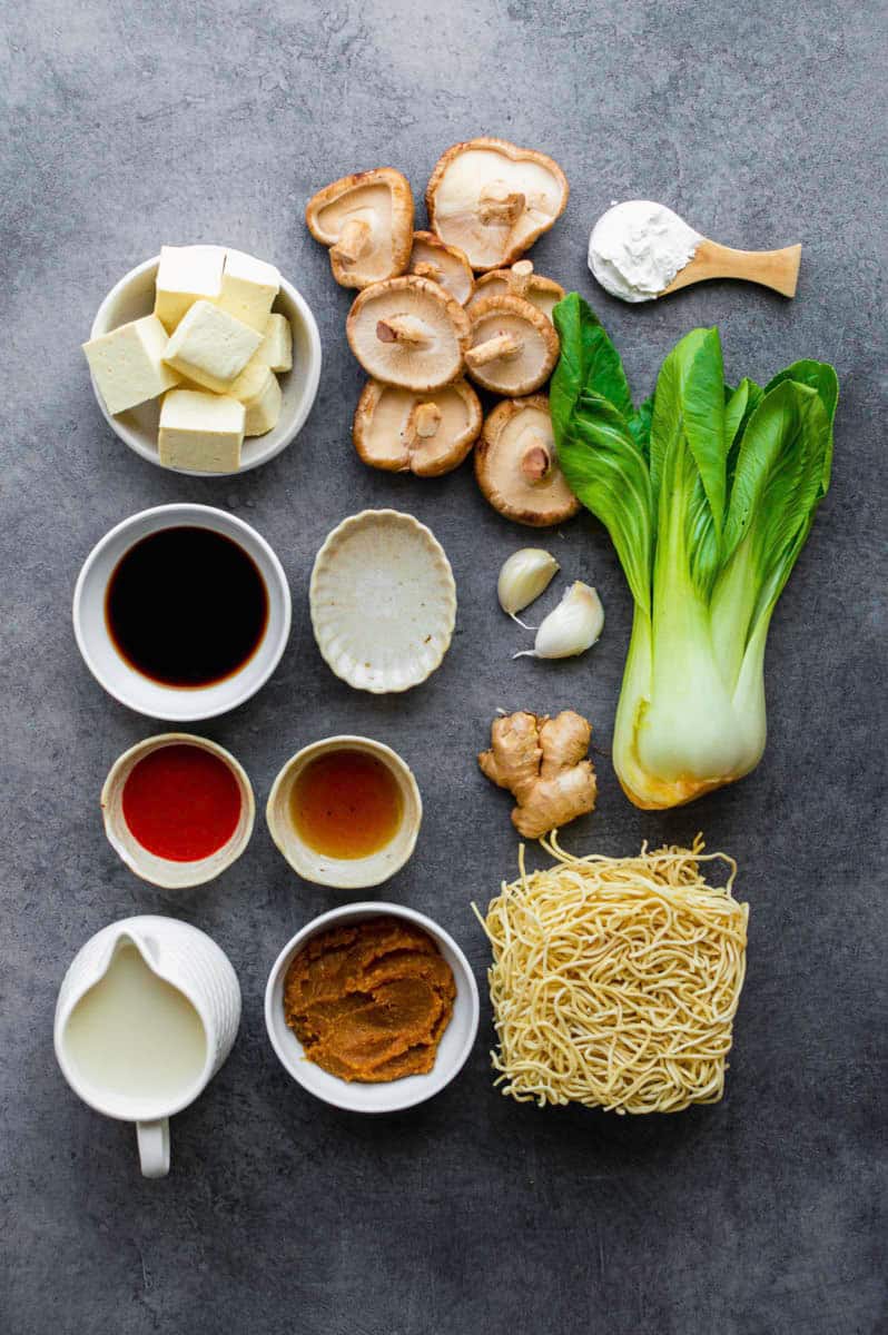 Gathered ingredients for making our vegan tofu ramen recipe.