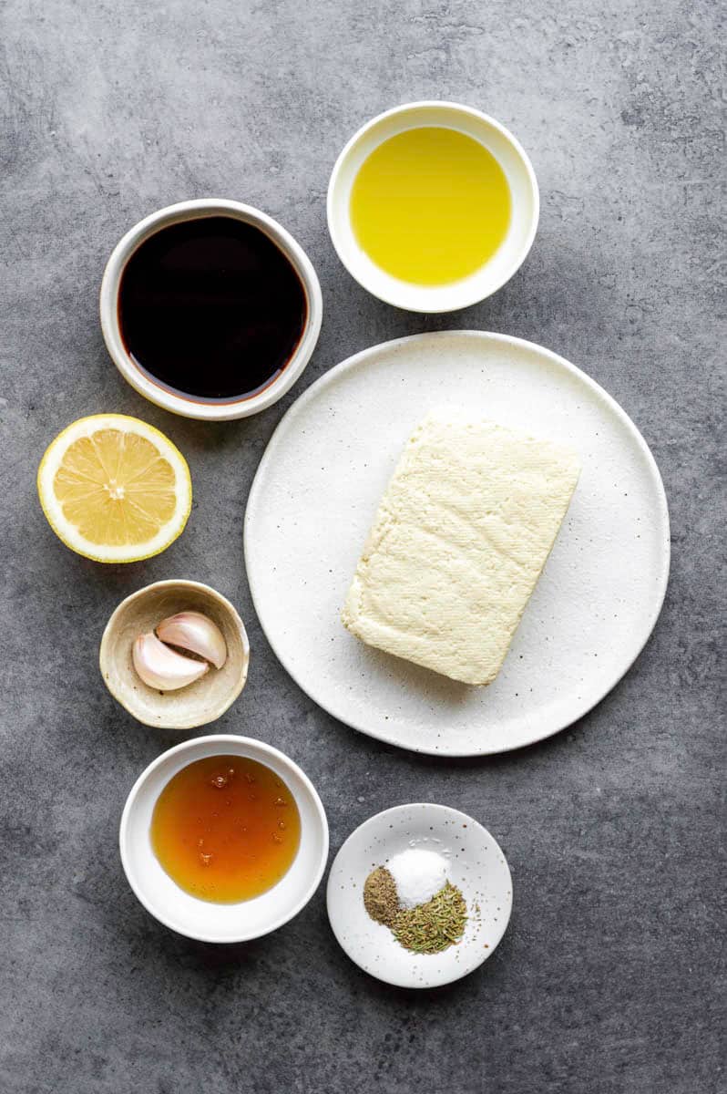 overhead of ingredients for making balsamic tofu.