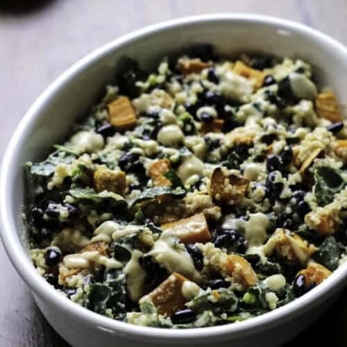 Vegan sweet potato casserole before adding breadcrumbs.