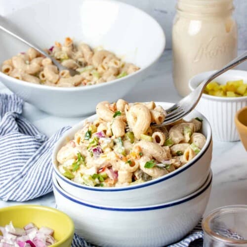 creamy vegan macaroni salad in a bowl.