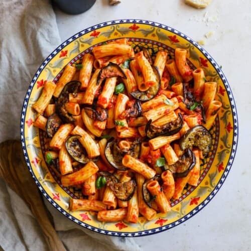 overhead of pasta alla norma in a large serving bowl.