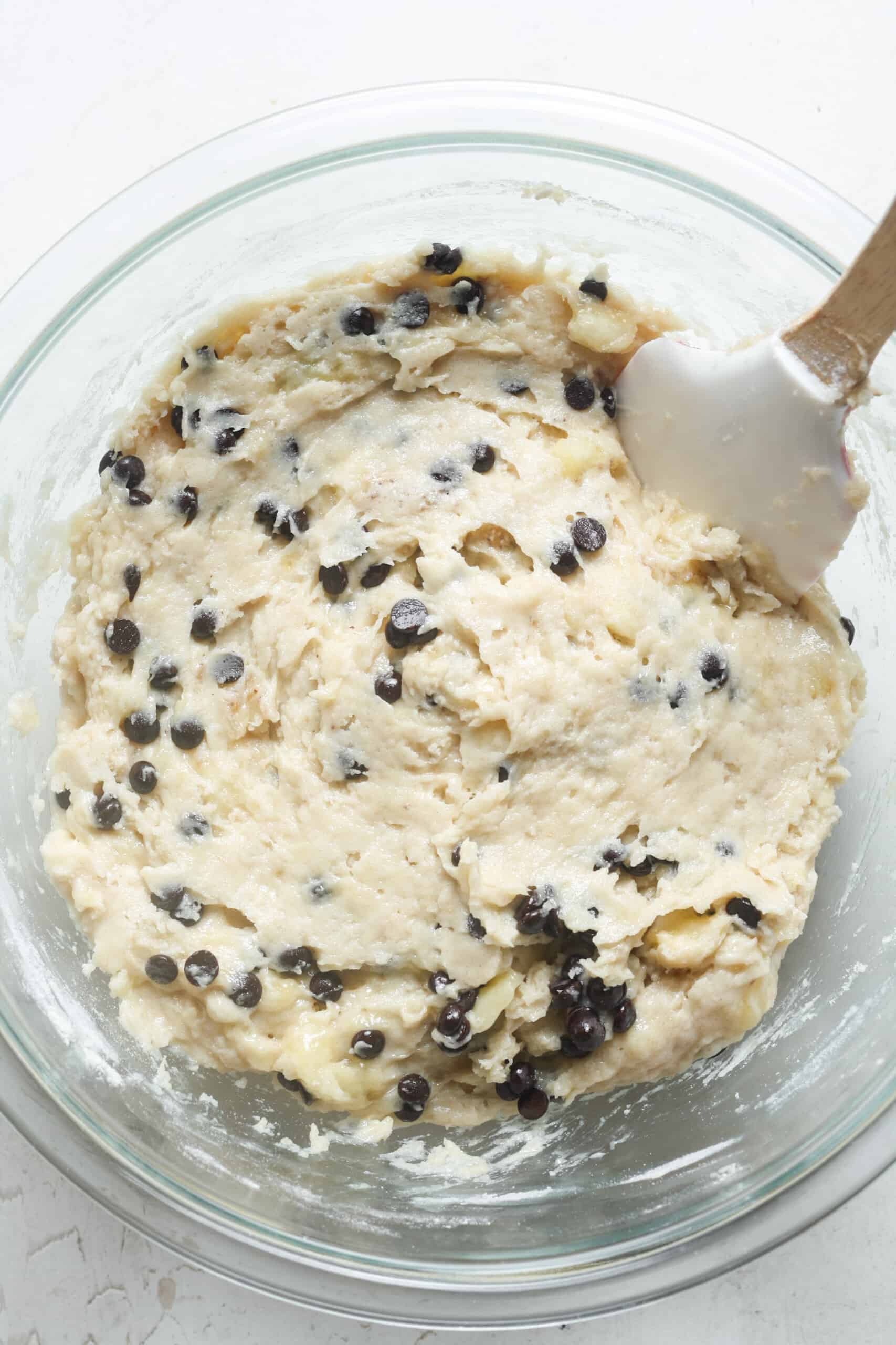 Mini chocolate chips in bread batter.