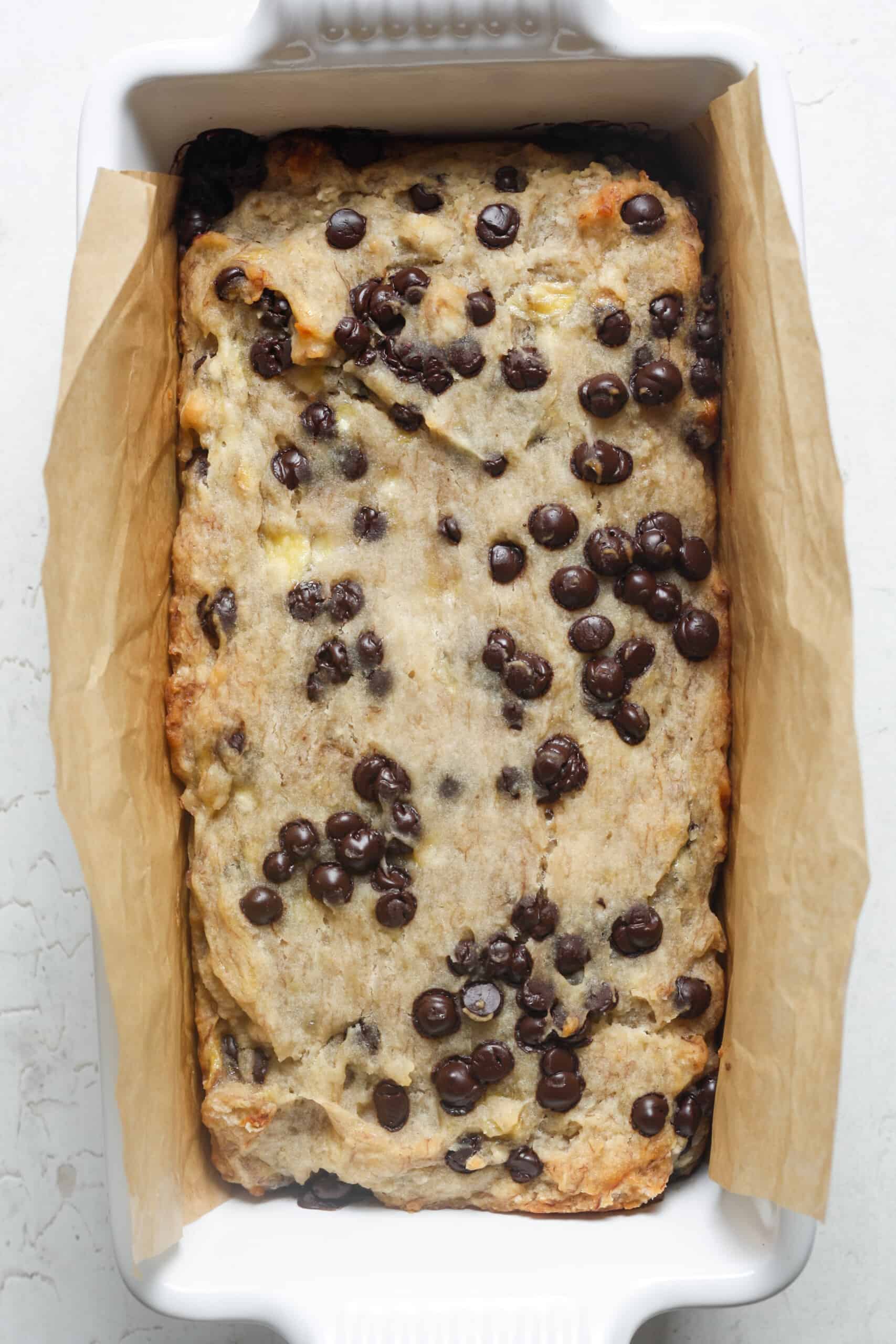 Baked banana bread with chocolate chips.