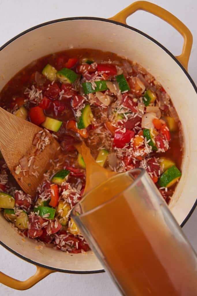 Broth poured into rice.