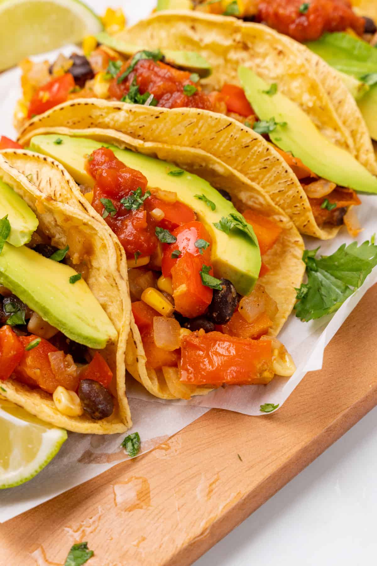 Close up of veggie tacos.