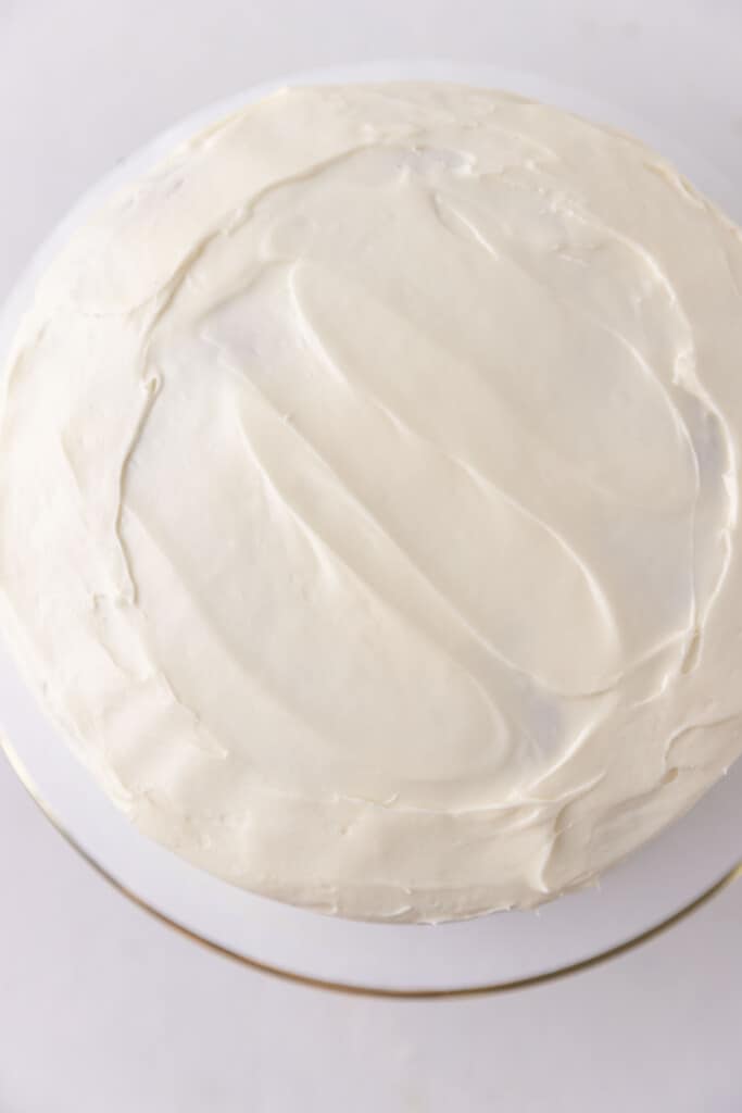 Cream cheese frosting on cake.