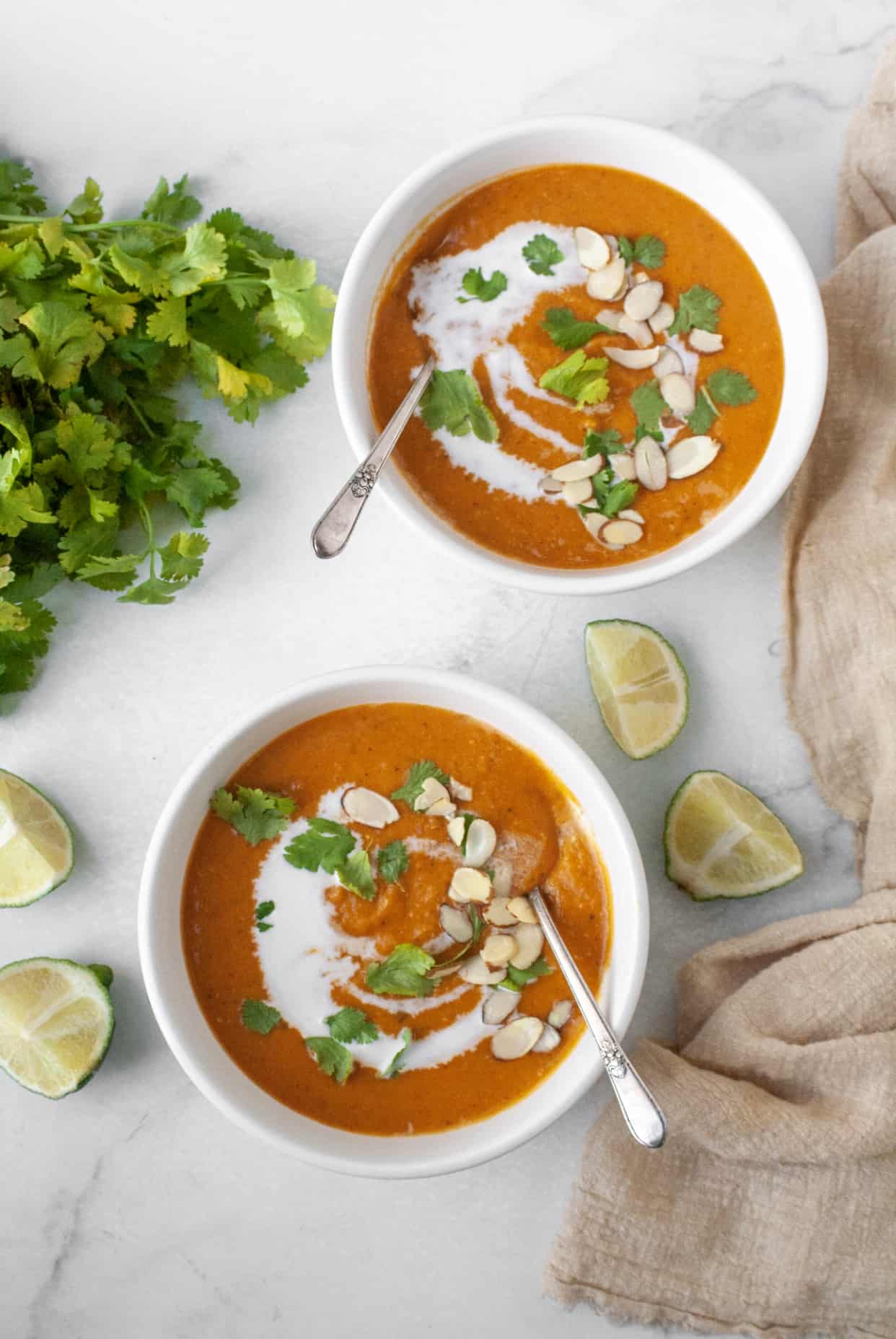 Two bowls of vegan soup.