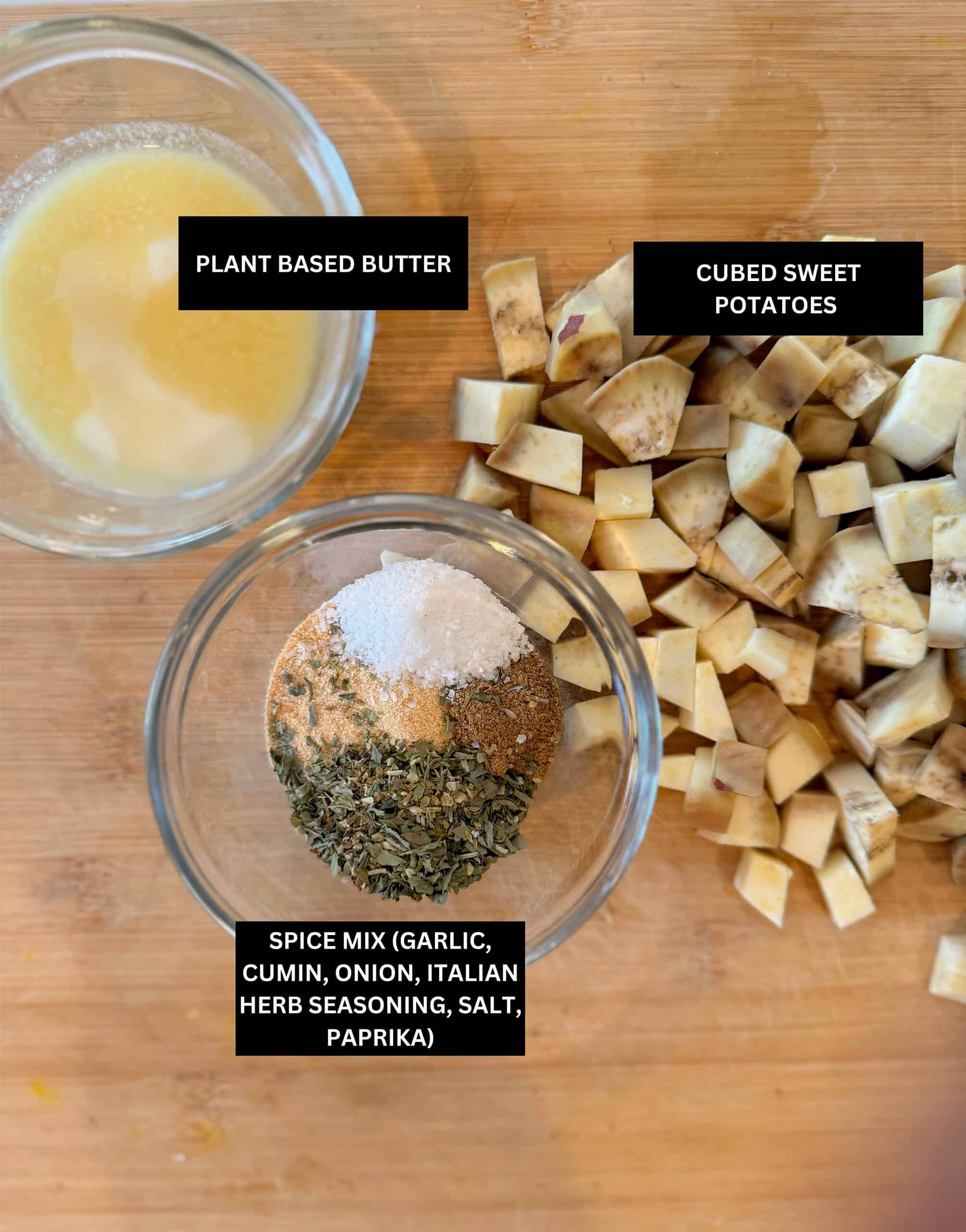 Ingredients including sweet potato cubes, spices and plant based butter