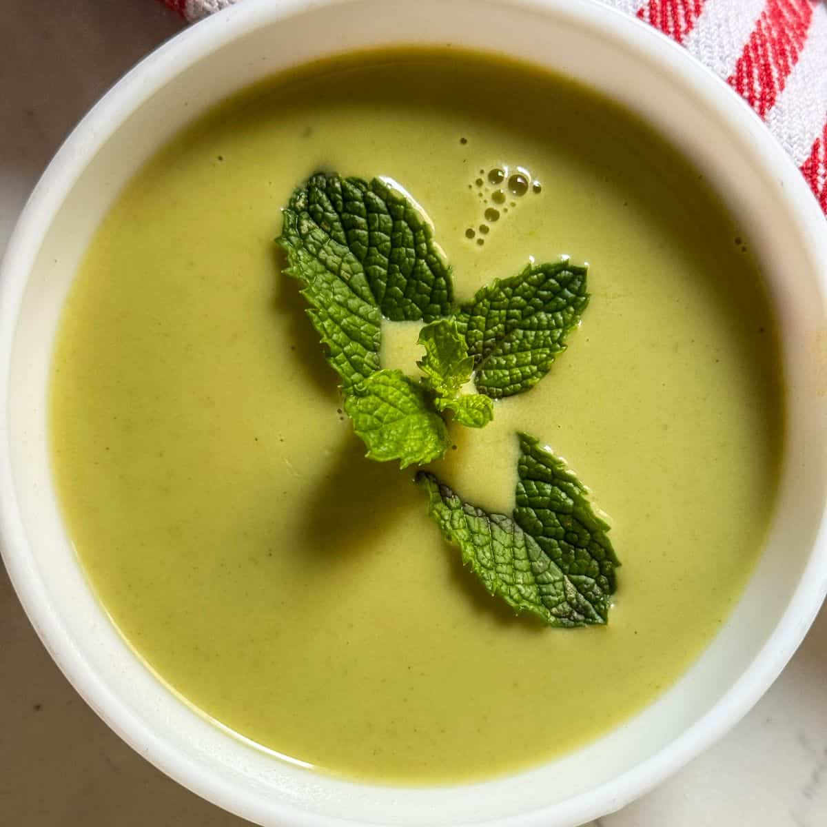 cucumber mint soup in a white bowl - feature image garnished with mint leaf