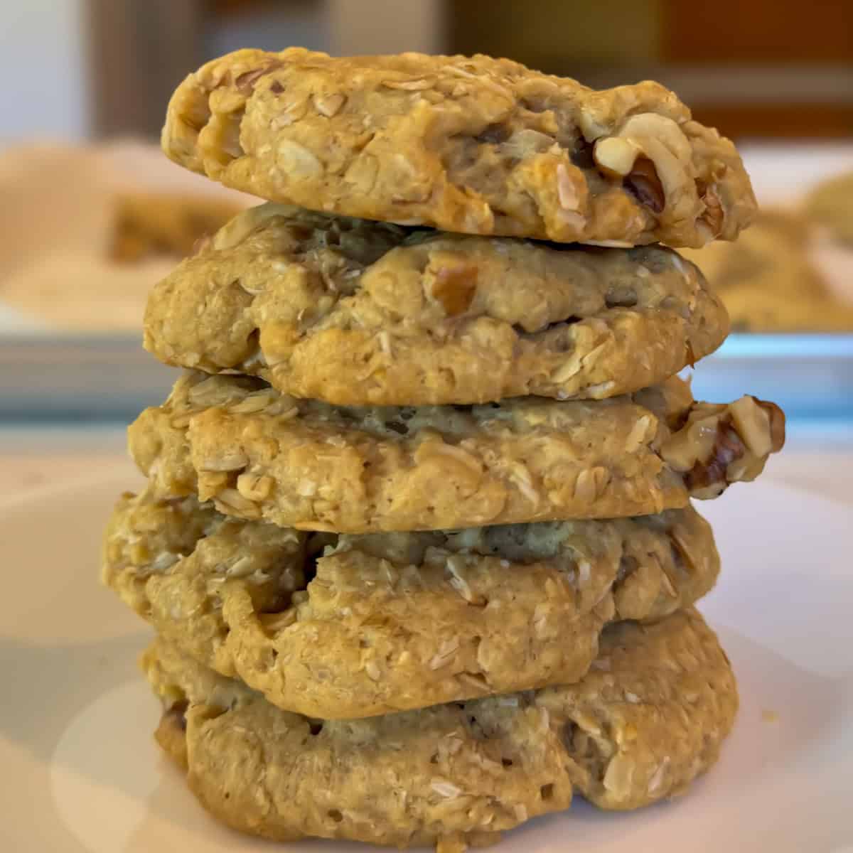 stack of oatmeal coconut walnut cookies on a white plate feature image 1200x1200