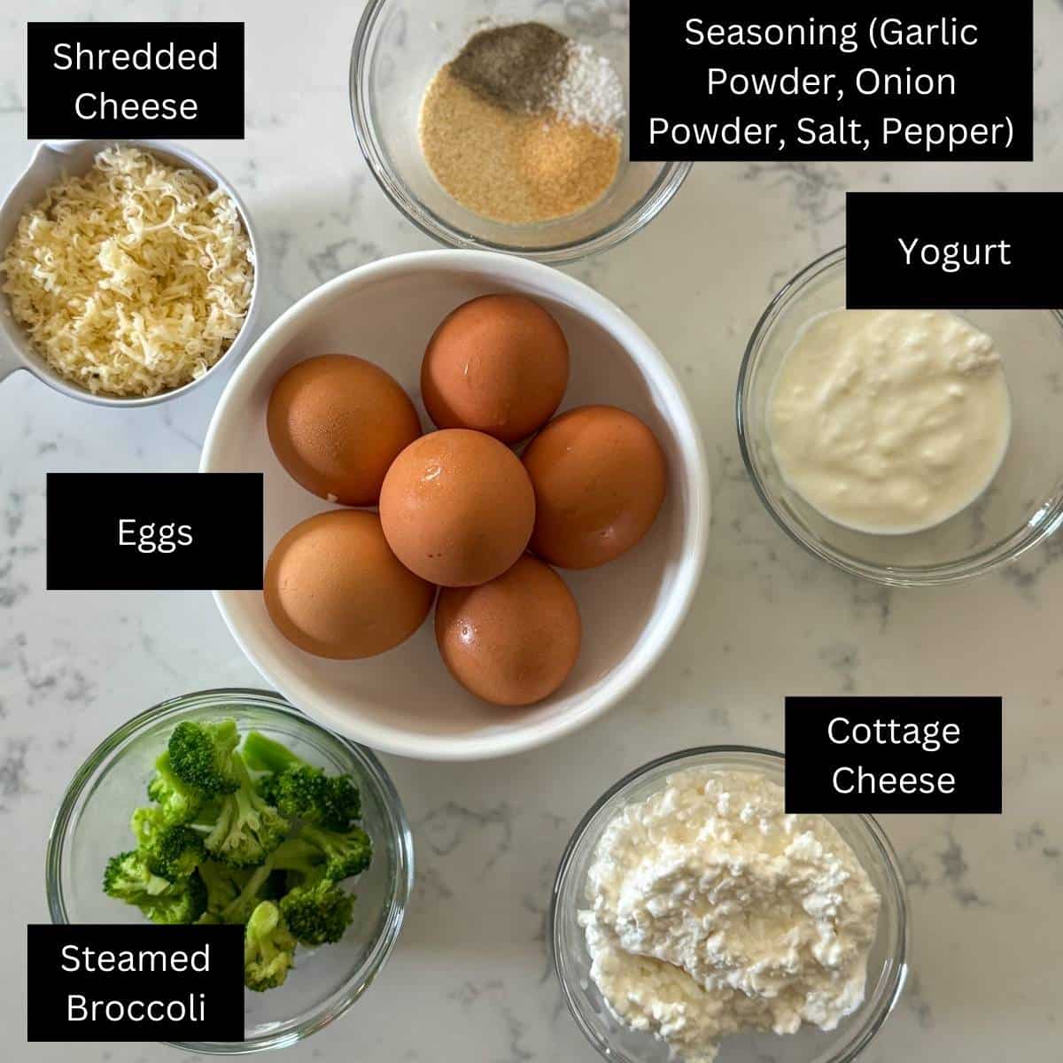 Ingredients laid out for Cottage Cheese Egg Bites with labels