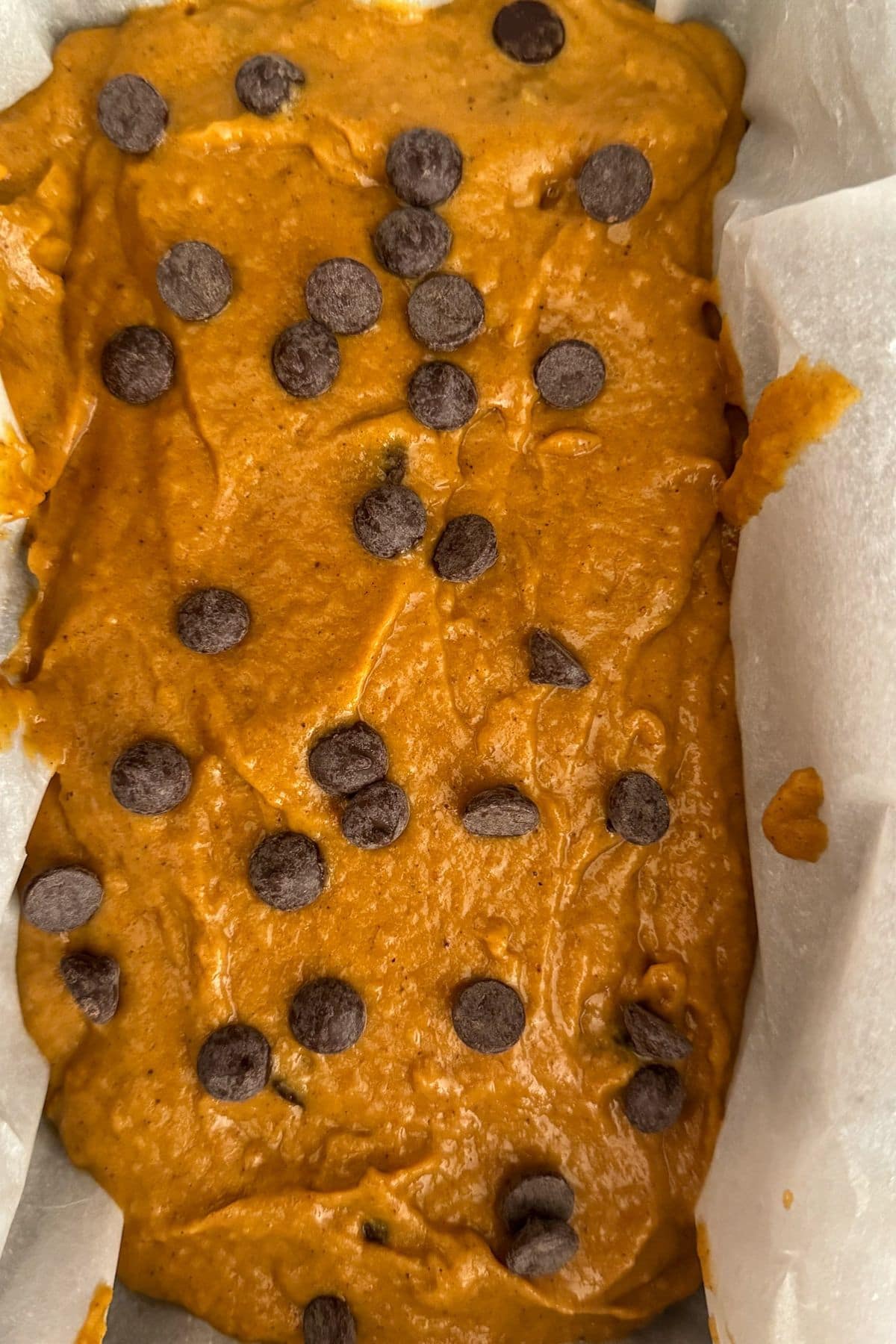 Batter poured into a bread ban with chocolate chips sprinkled on top