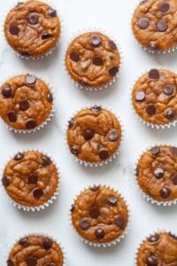 Vegan Pumpkin Muffins - lined up in rows on a baking sheet