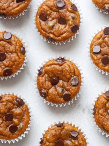 vegan pumpkin muffins baked up on a baking sheet - 1200x1200 image