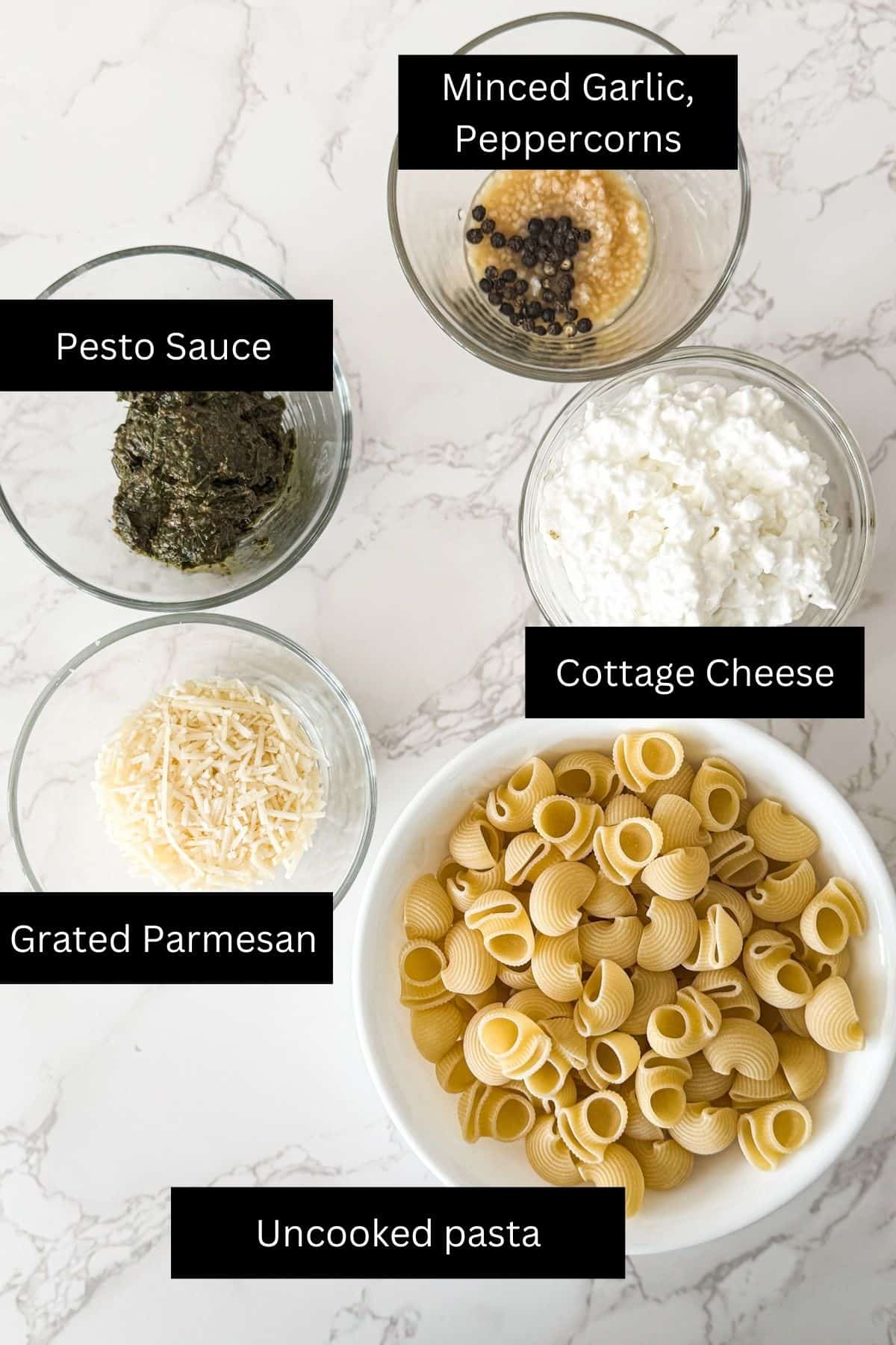 Ingredients for cottage cheese pasta sauce with labels 